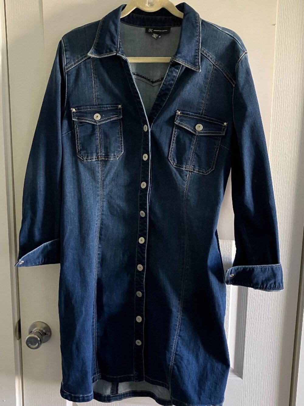 INC International Concepts Women's Denim Shirtdress Dark Blue Size 16.